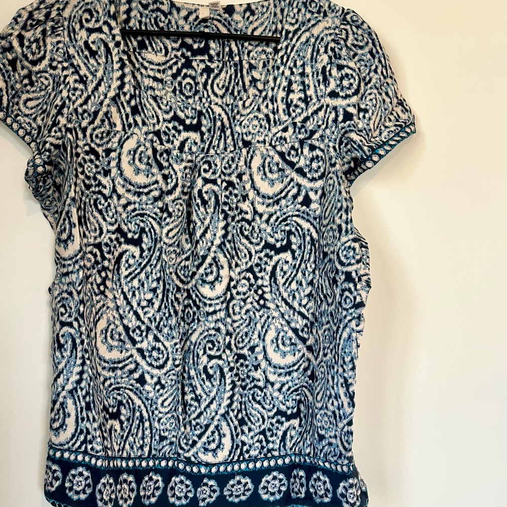 St. John's Bay Navy and White Paisley Square Neck Blouse - Size: Large - Picture 6 of 6